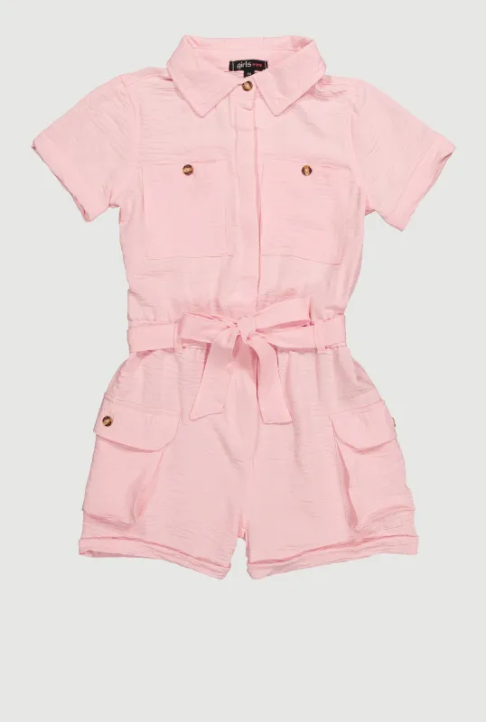 Girls Crepe Knit Tie Waist Belted Utility Romper sold by Rainbow