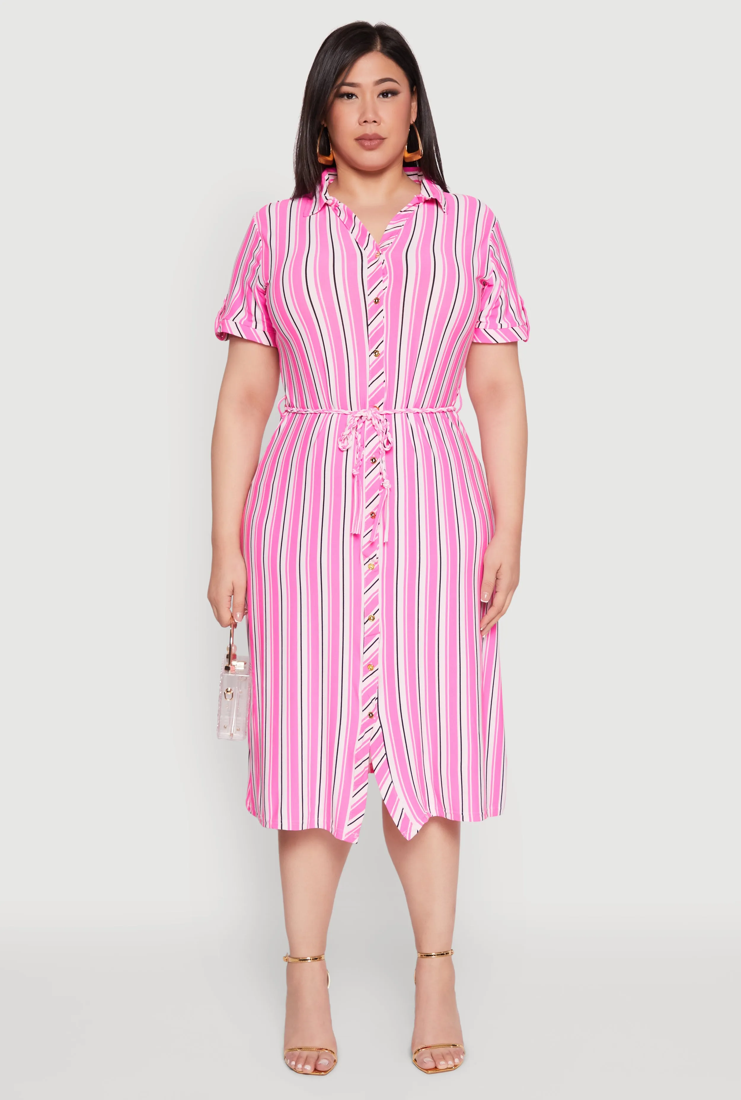 Plus Size Tie Waist Belted Striped Shirt Dress sold by Rainbow product image thumbnail 2