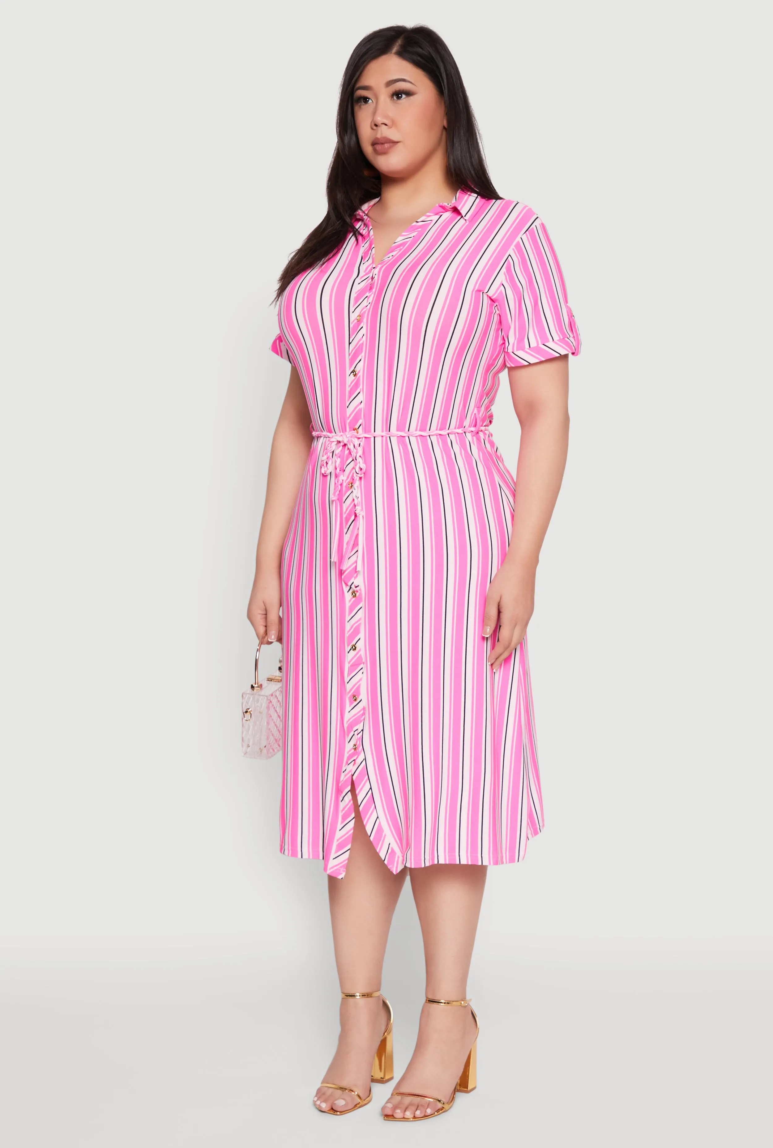 Plus Size Tie Waist Belted Striped Shirt Dress sold by Rainbow product image thumbnail 3