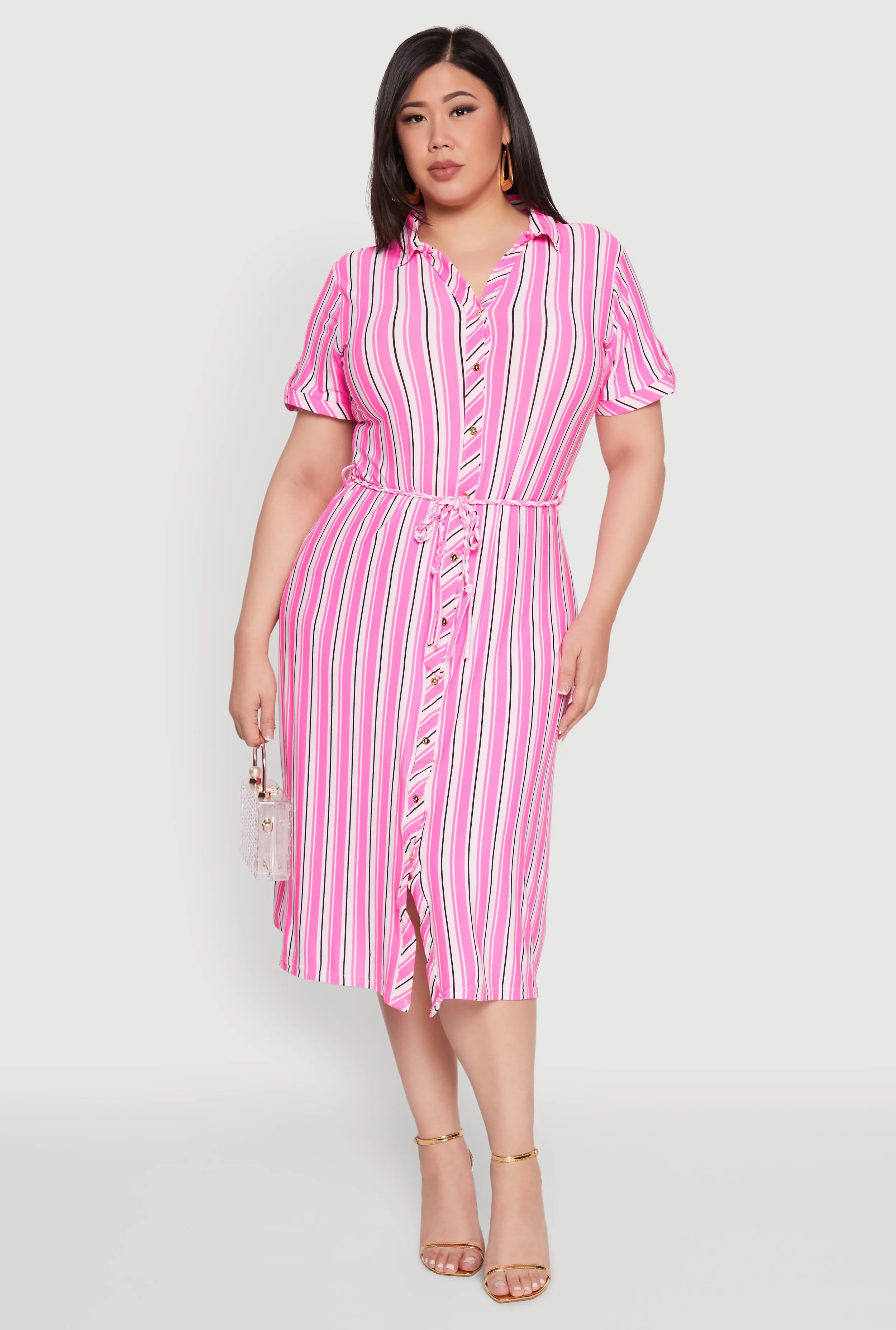 Plus Size Tie Waist Belted Striped Shirt Dress sold by Rainbow