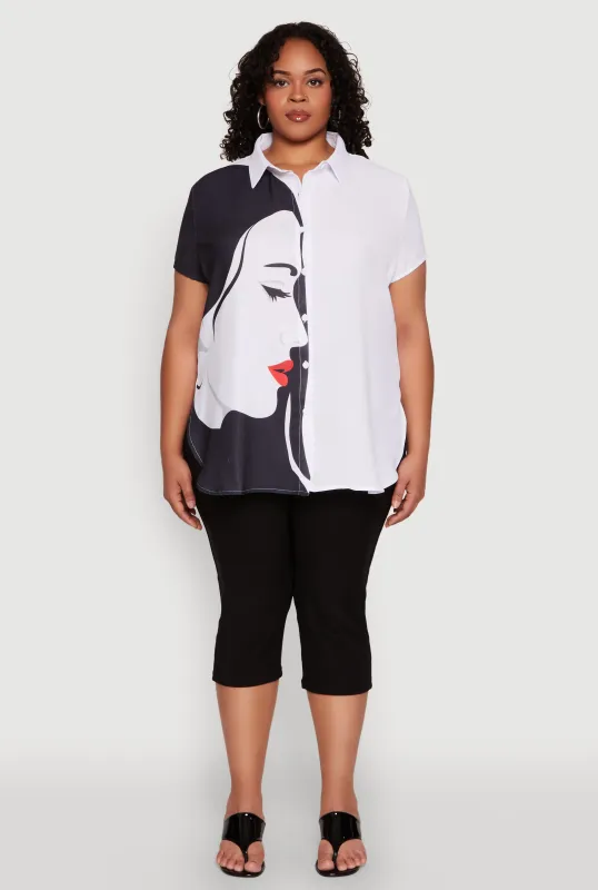 Plus Size Two Tone Face Print Shirt sold by Rainbow