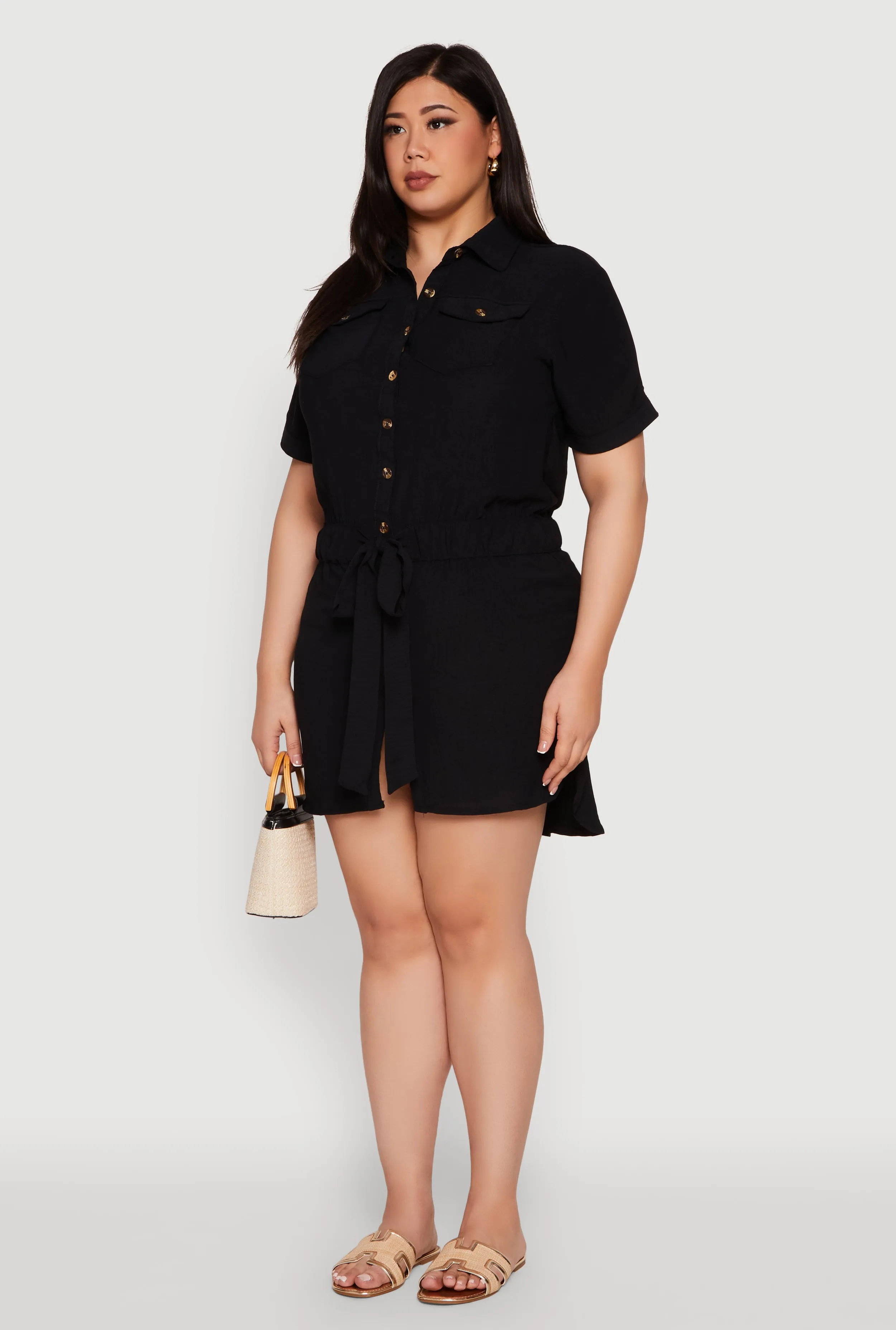 Plus Size Button Front Tie Waist Shirt Dress sold by Rainbow product image thumbnail 3