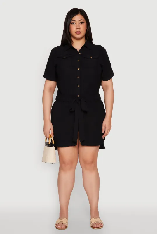 Plus Size Button Front Tie Waist Shirt Dress sold by Rainbow