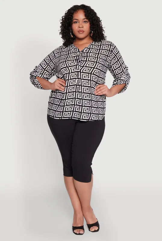 Plus Size Greek Key Notch Neck Blouse sold by Rainbow