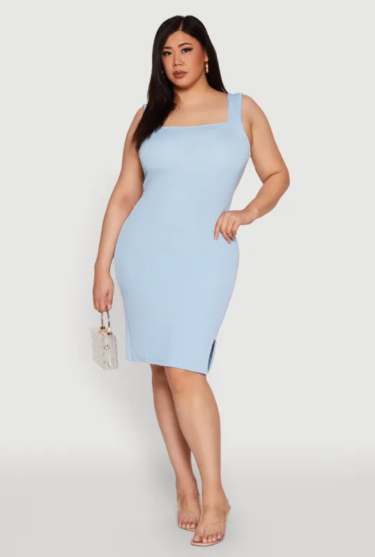Plus Size Ribbed Knit Square Neck Tank Dress sold by Rainbow