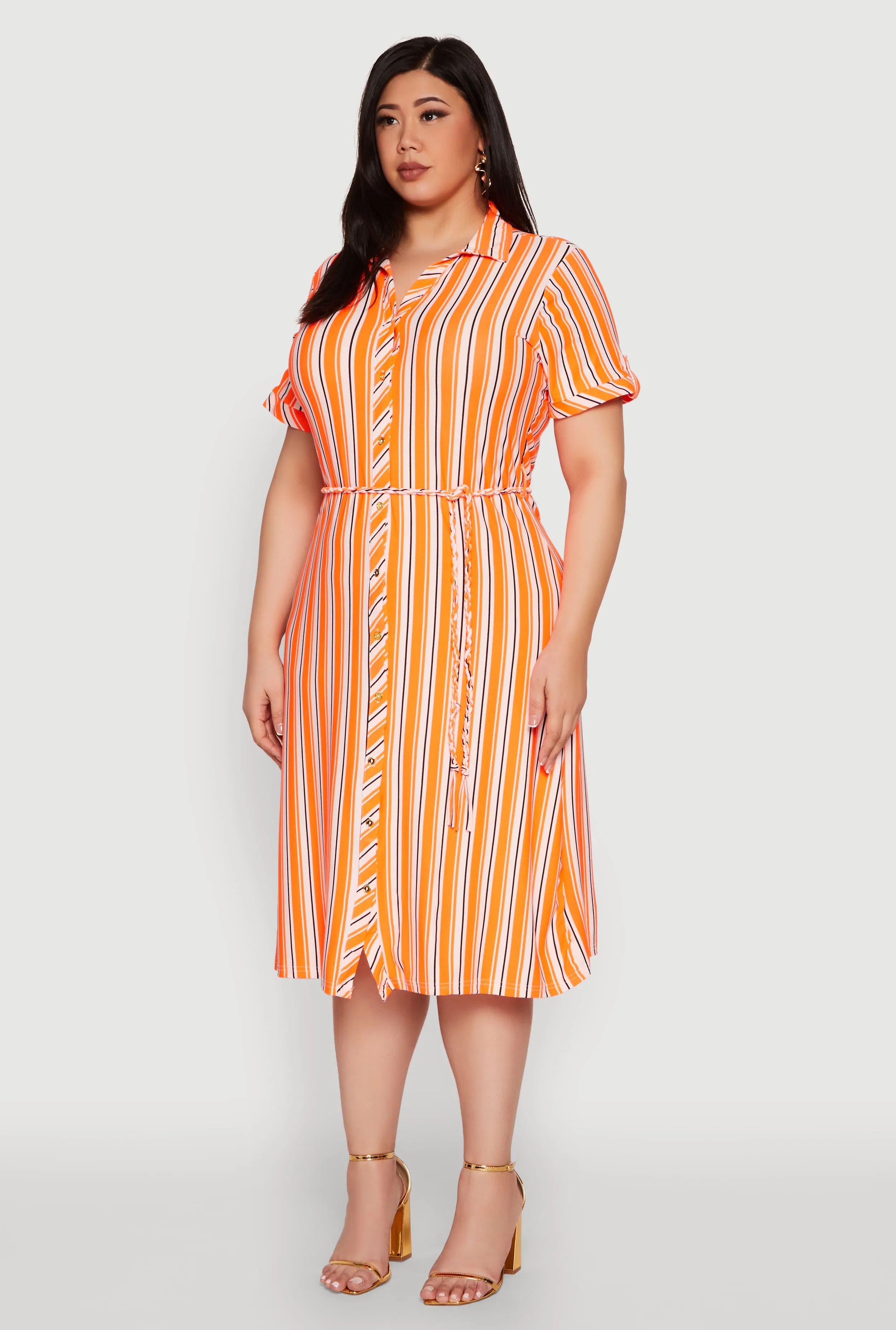 Plus Size Tie Waist Belted Striped Shirt Dress sold by Rainbow product image thumbnail 3