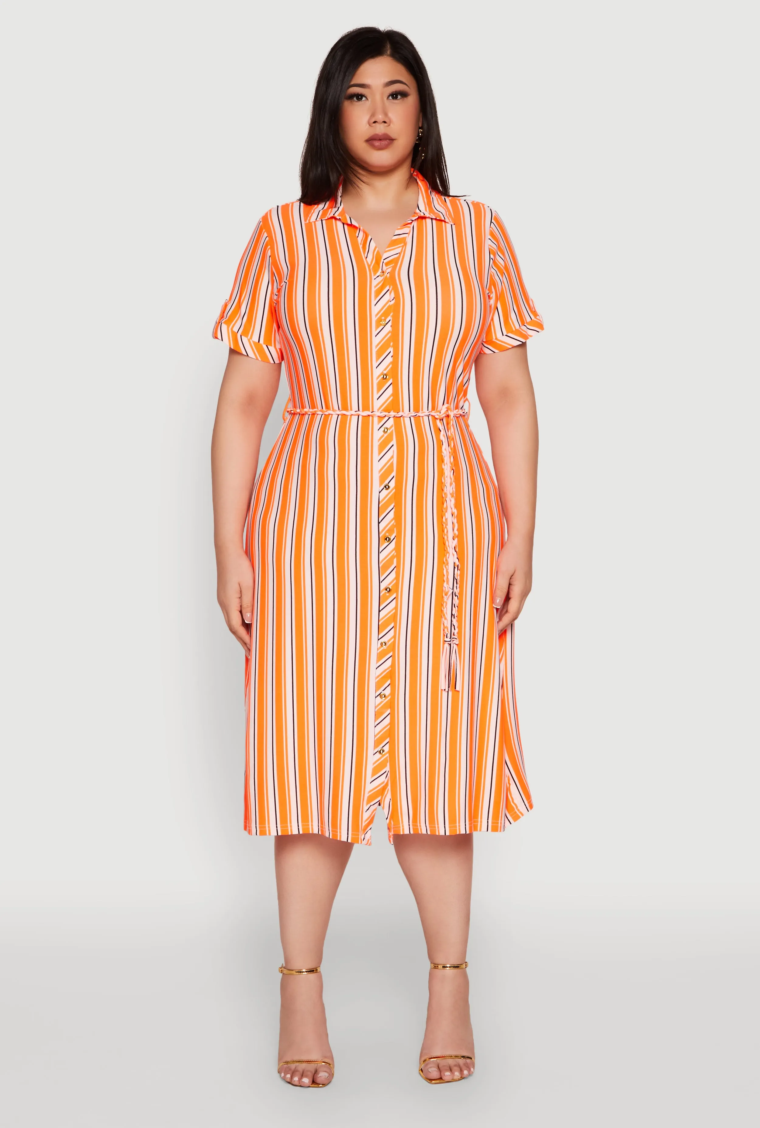 Plus Size Tie Waist Belted Striped Shirt Dress sold by Rainbow product image thumbnail 2