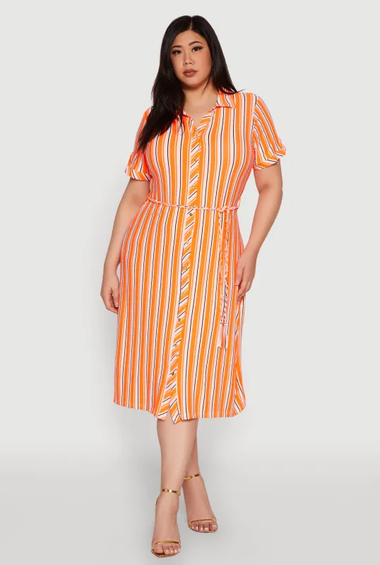 Plus Size Tie Waist Belted Striped Shirt Dress sold by Rainbow