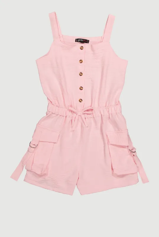 Girls Button Front Tabbed Cargo Pocket Romper sold by Rainbow