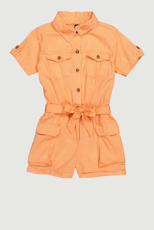 Little Girls Twill Tie Waist Belted Utility Romper sold by Rainbow