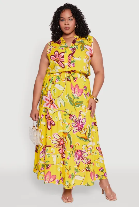Plus Size Floral Print Sleeveless Tiered Maxi Dress sold by Rainbow