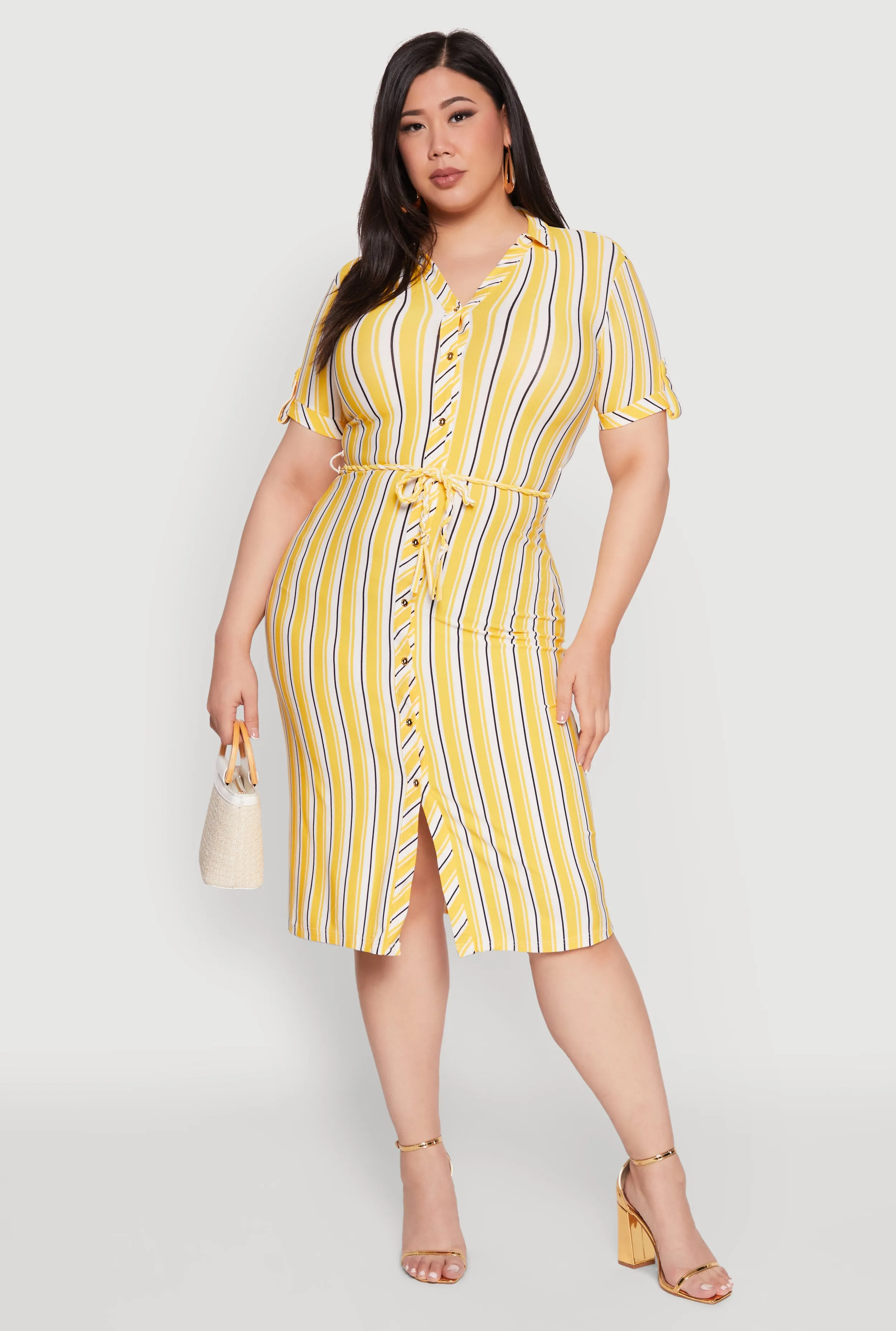 Plus Size Tie Waist Belted Striped Shirt Dress sold by Rainbow