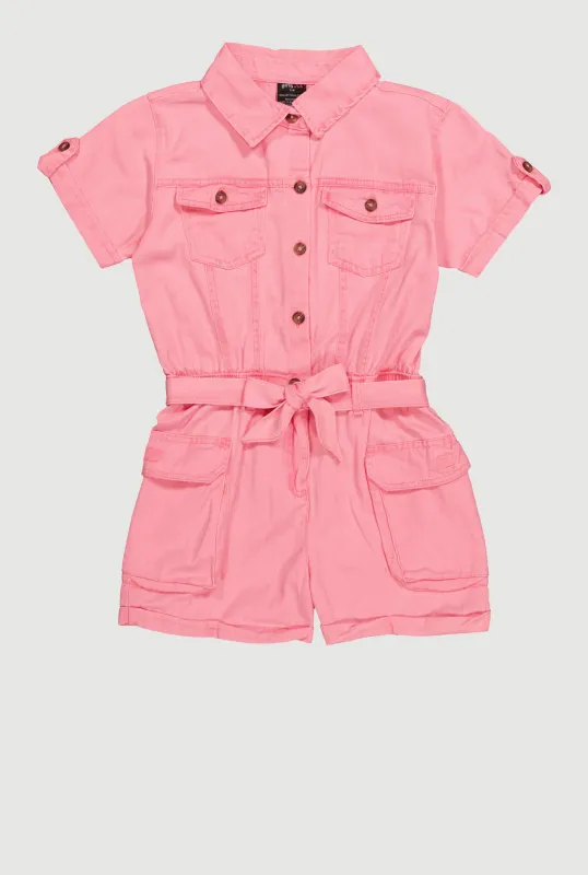 Girls Twill Tie Waist Belted Utility Romper sold by Rainbow