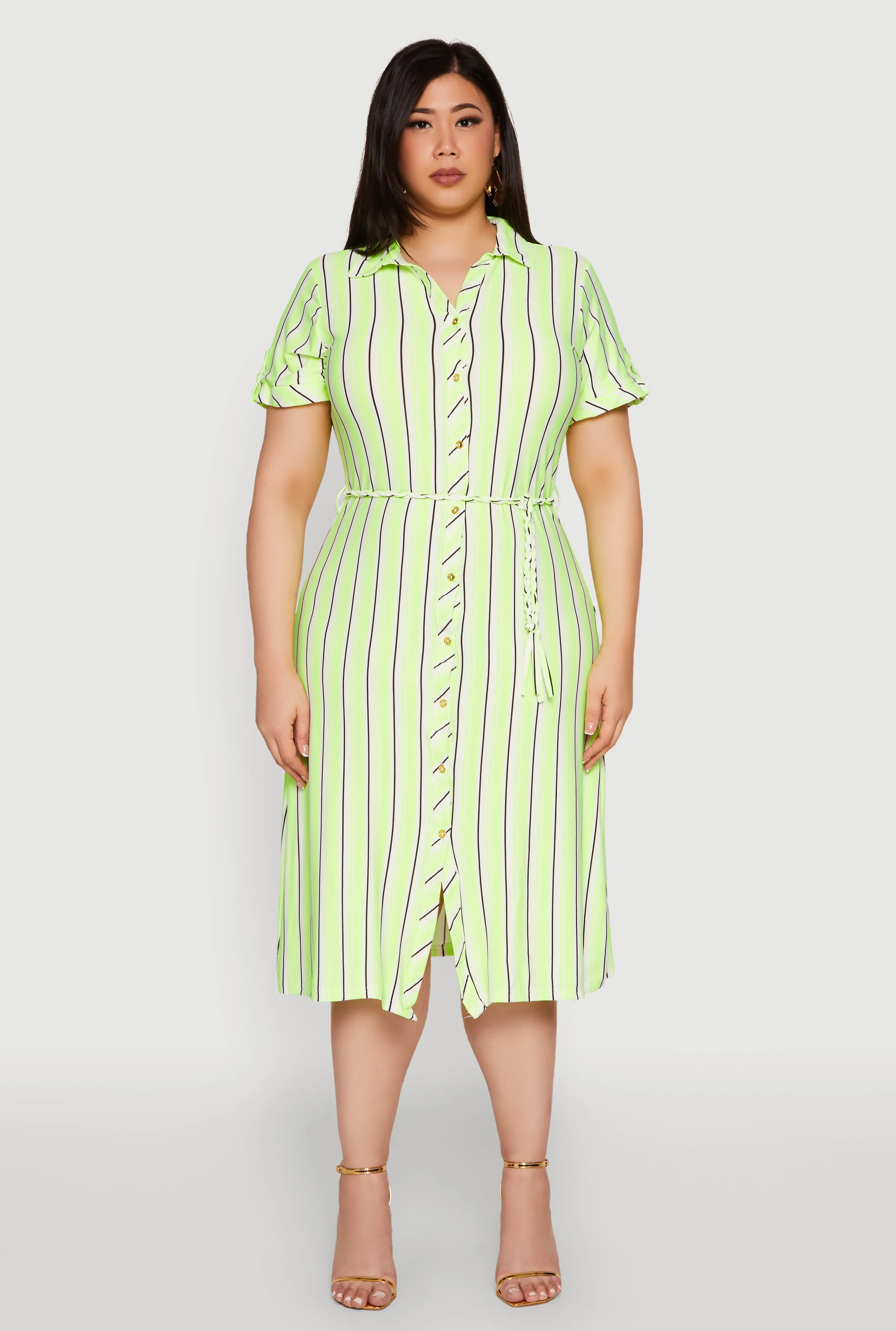 Plus Size Tie Waist Belted Striped Shirt Dress sold by Rainbow