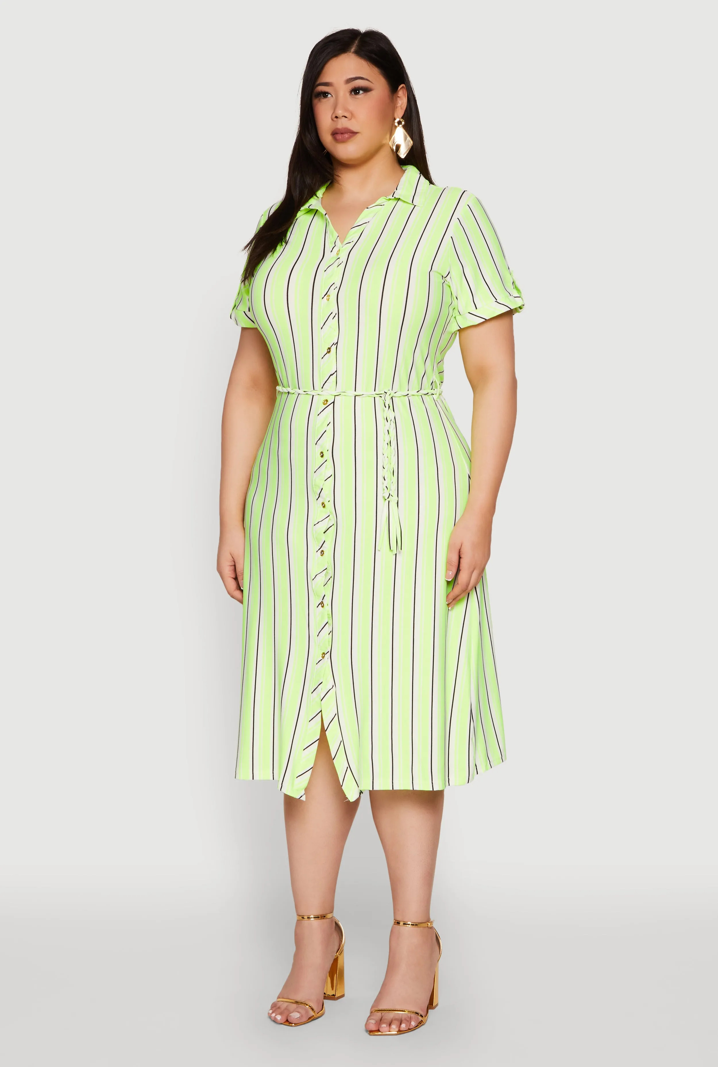Plus Size Tie Waist Belted Striped Shirt Dress sold by Rainbow product image thumbnail 3