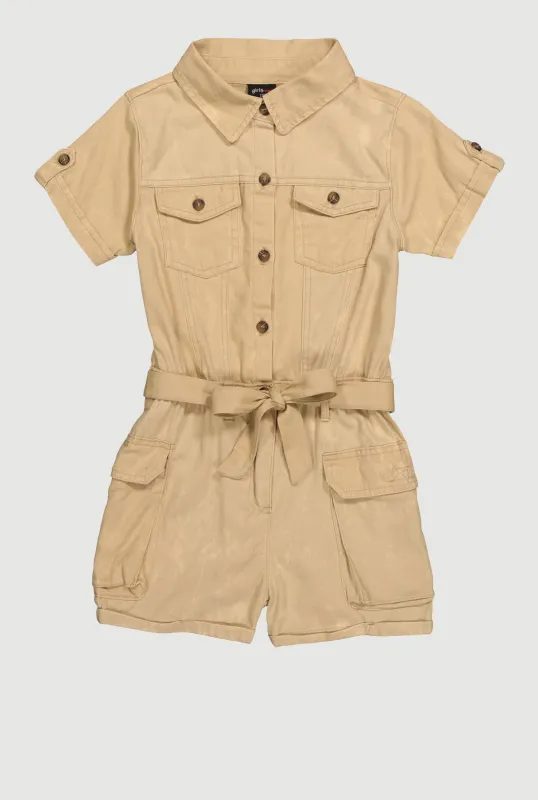 Girls Twill Tie Waist Belted Utility Romper sold by Rainbow