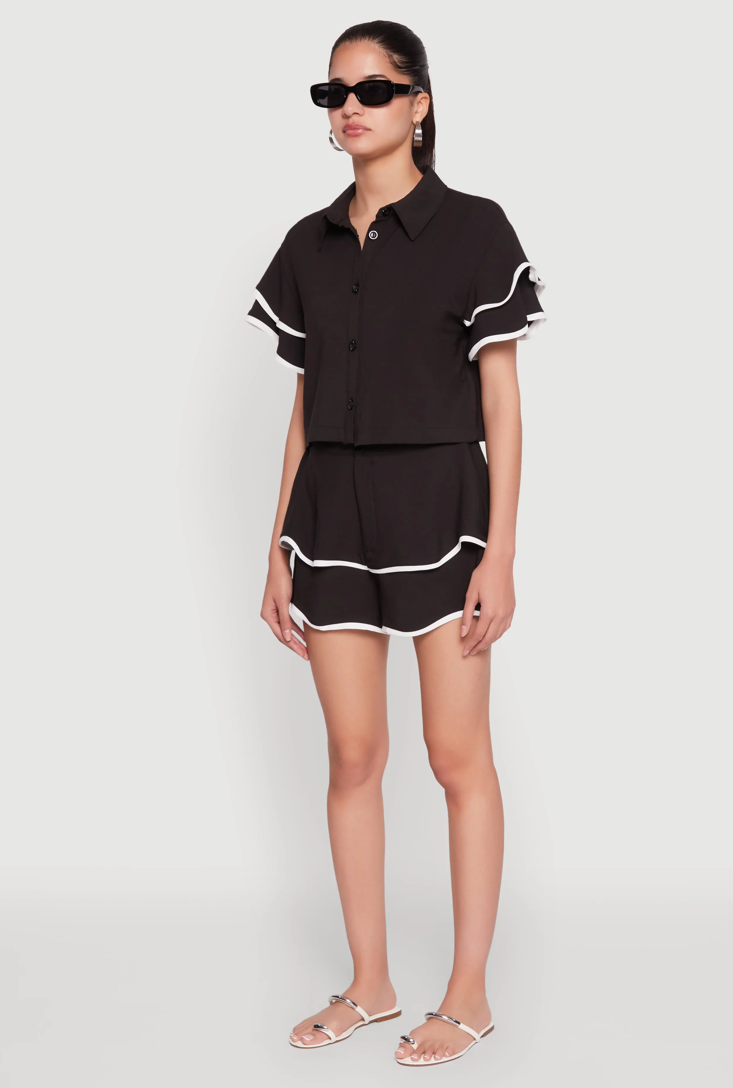 Crepe Knit Contrast Trim Flutter Sleeve Blouse sold by Rainbow product image thumbnail 5