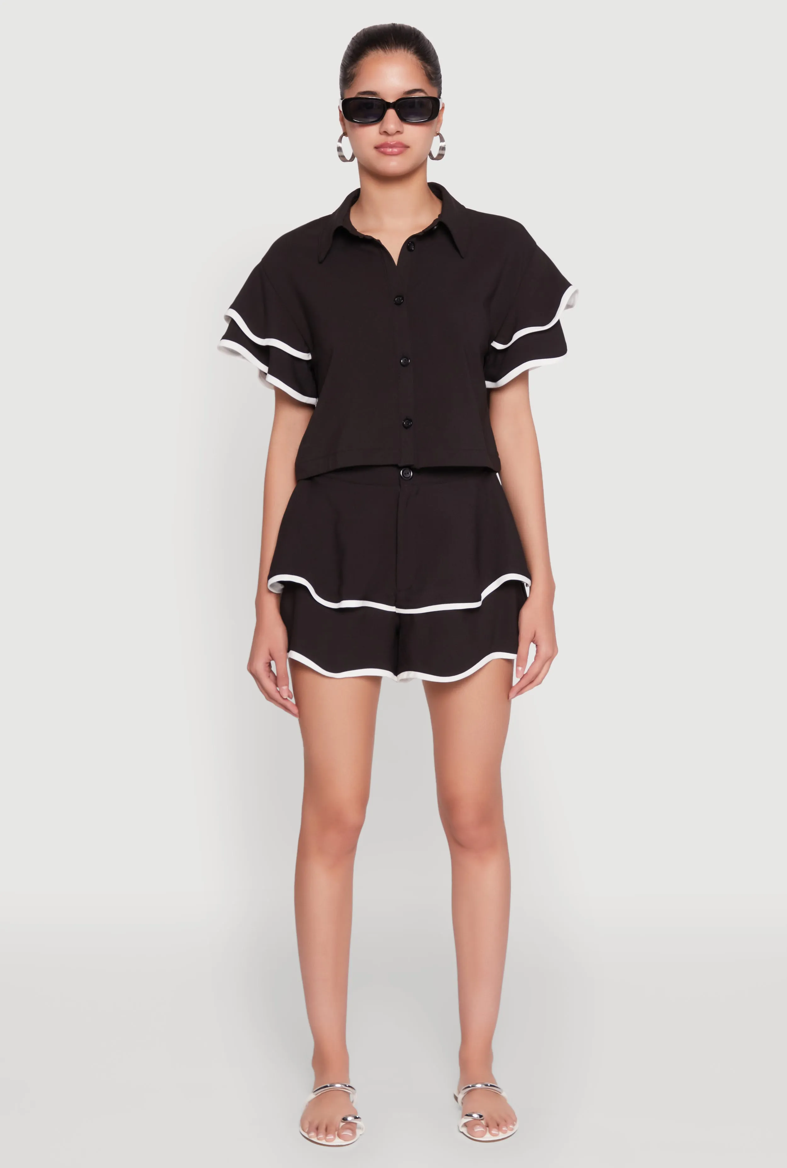 Crepe Knit Contrast Trim Flutter Sleeve Blouse sold by Rainbow product image thumbnail 3