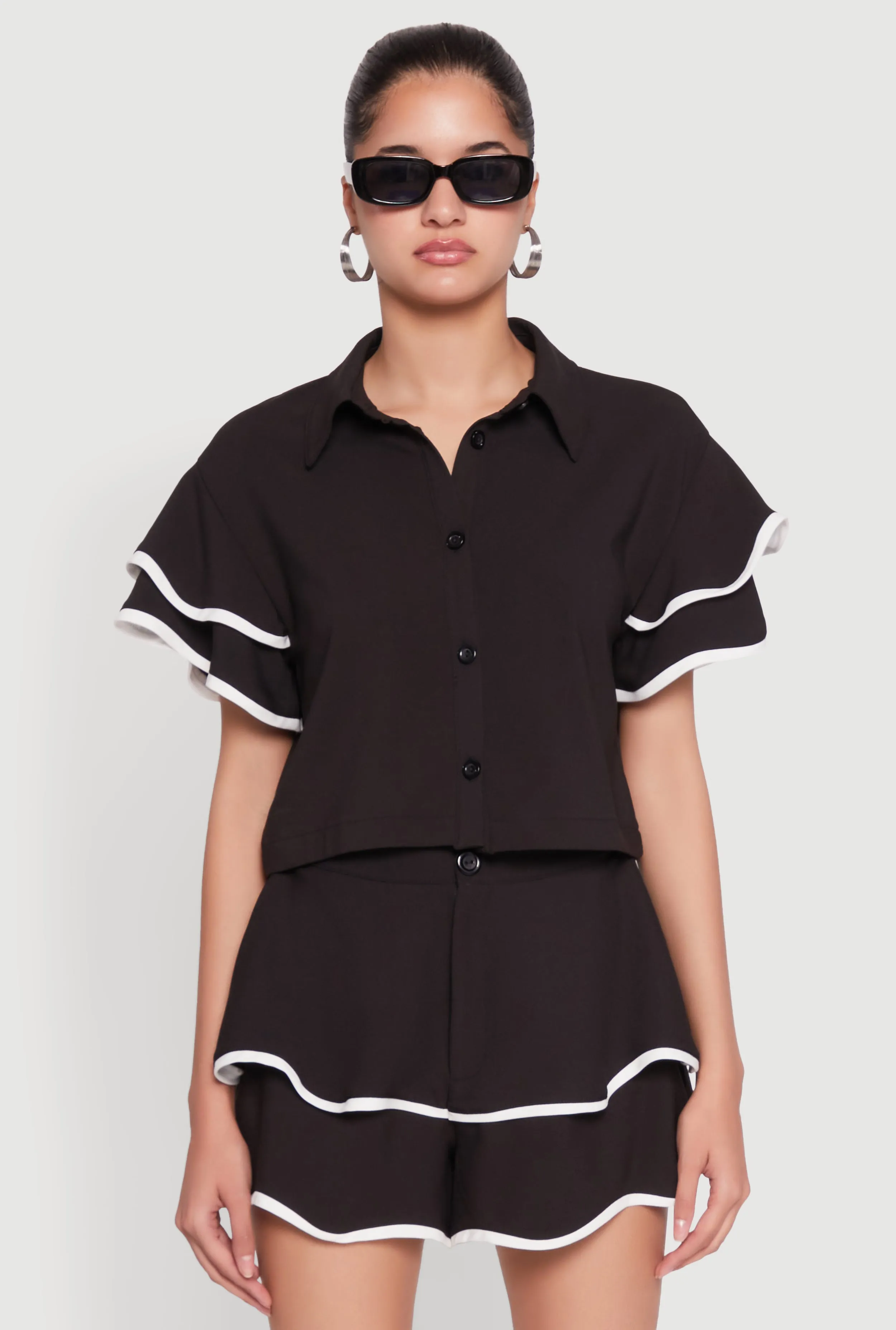 Crepe Knit Contrast Trim Flutter Sleeve Blouse sold by Rainbow