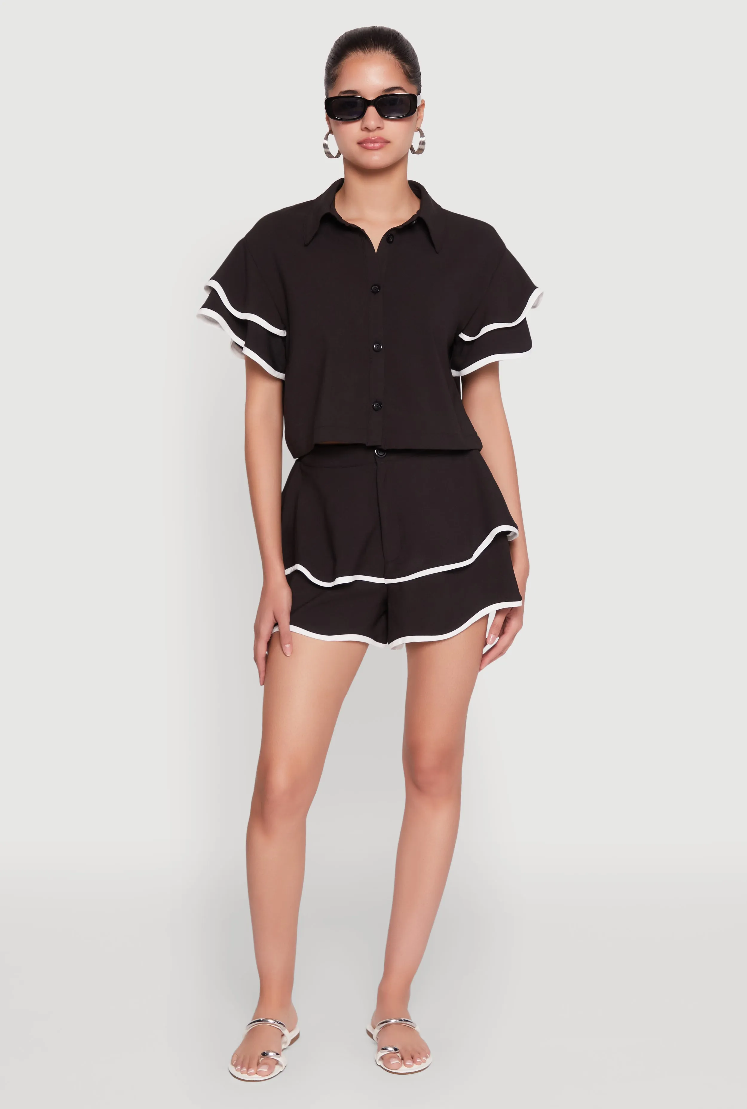 Crepe Knit Contrast Trim Flutter Sleeve Blouse sold by Rainbow product image thumbnail 2