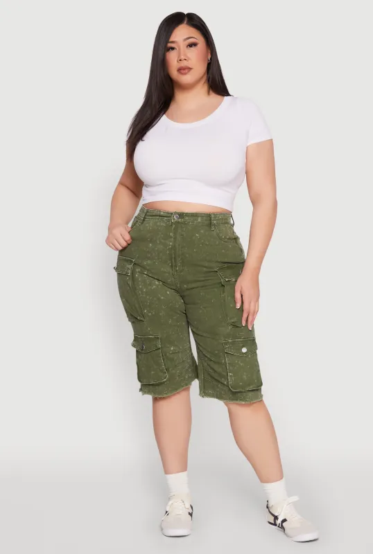 Plus Size Daisy Acid Wash Cargo Bermuda Shorts sold by Rainbow