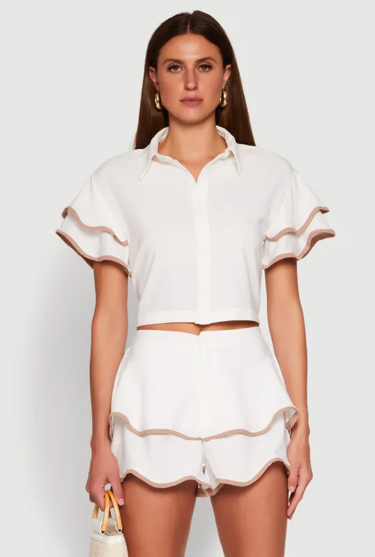 Crepe Knit Contrast Trim Flutter Sleeve Blouse sold by Rainbow