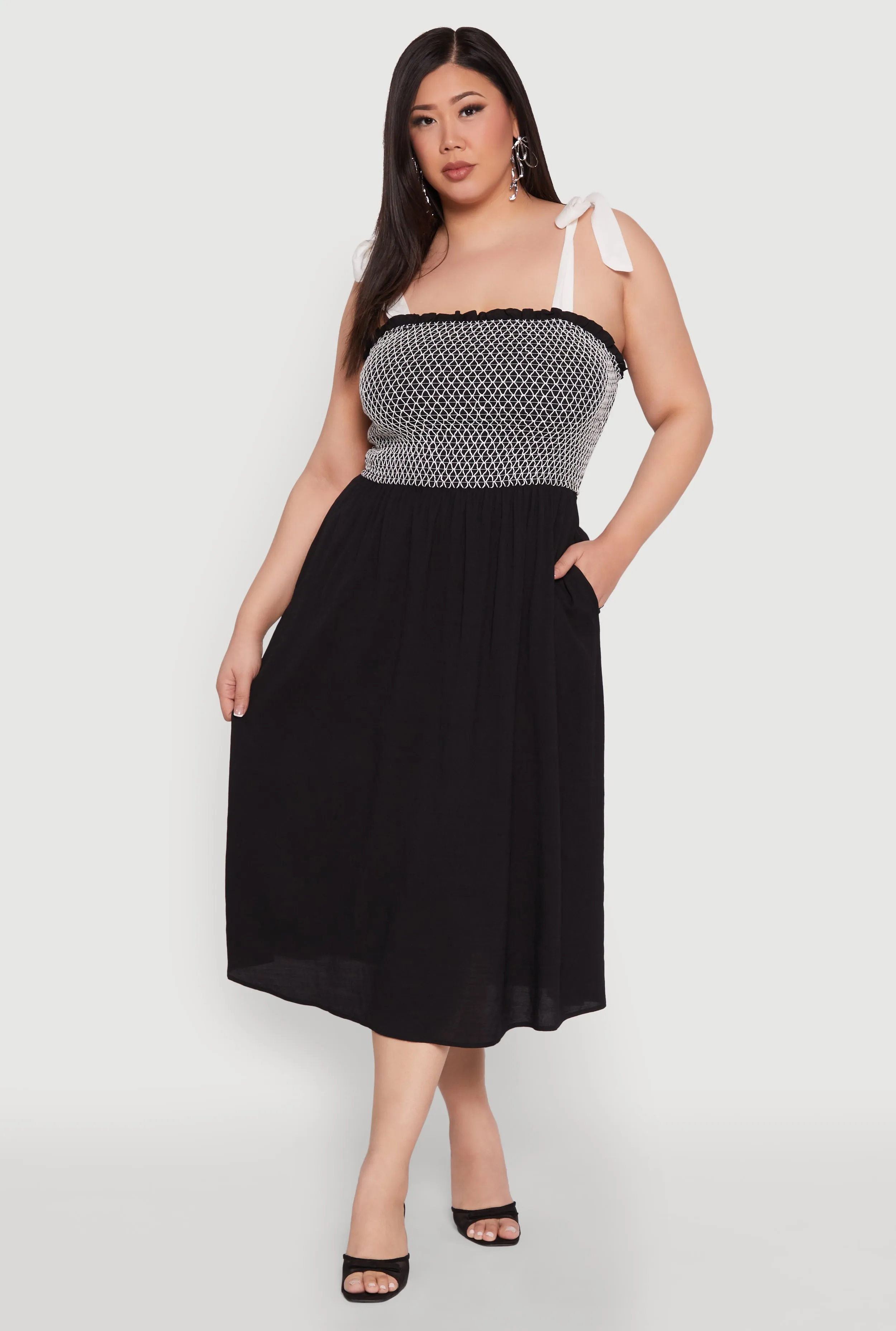 Plus Size Smocked Tie Shoulder Midi Dress sold by Rainbow