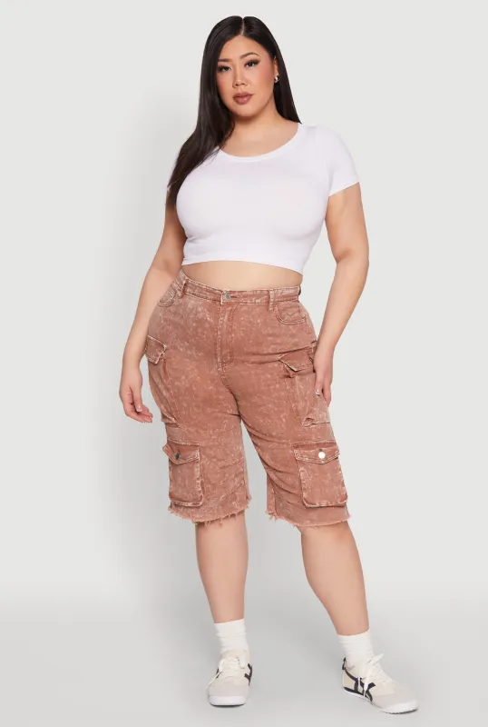 Plus Size Daisy Acid Wash Cargo Bermuda Shorts sold by Rainbow