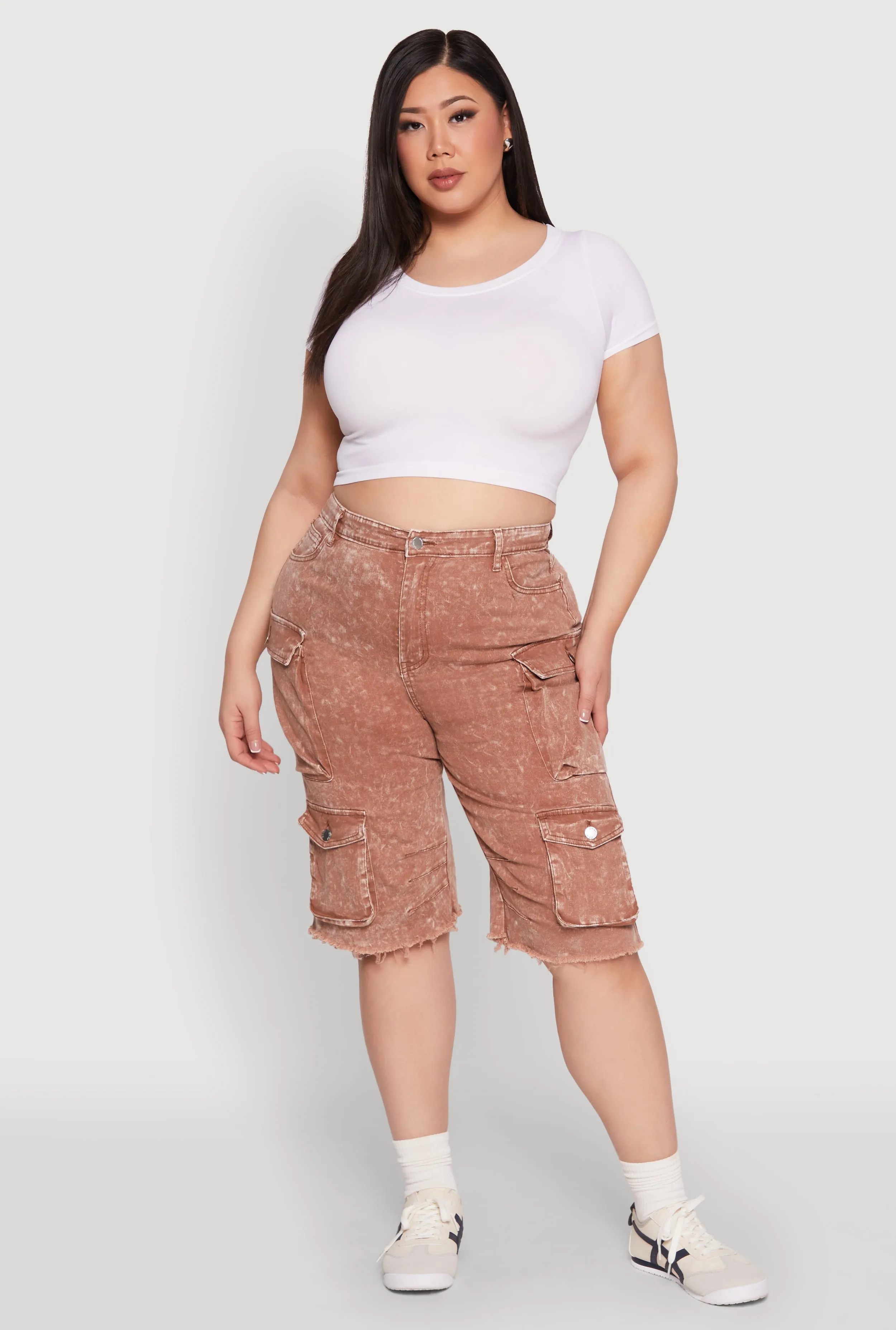 Plus Size Daisy Acid Wash Cargo Bermuda Shorts sold by Rainbow