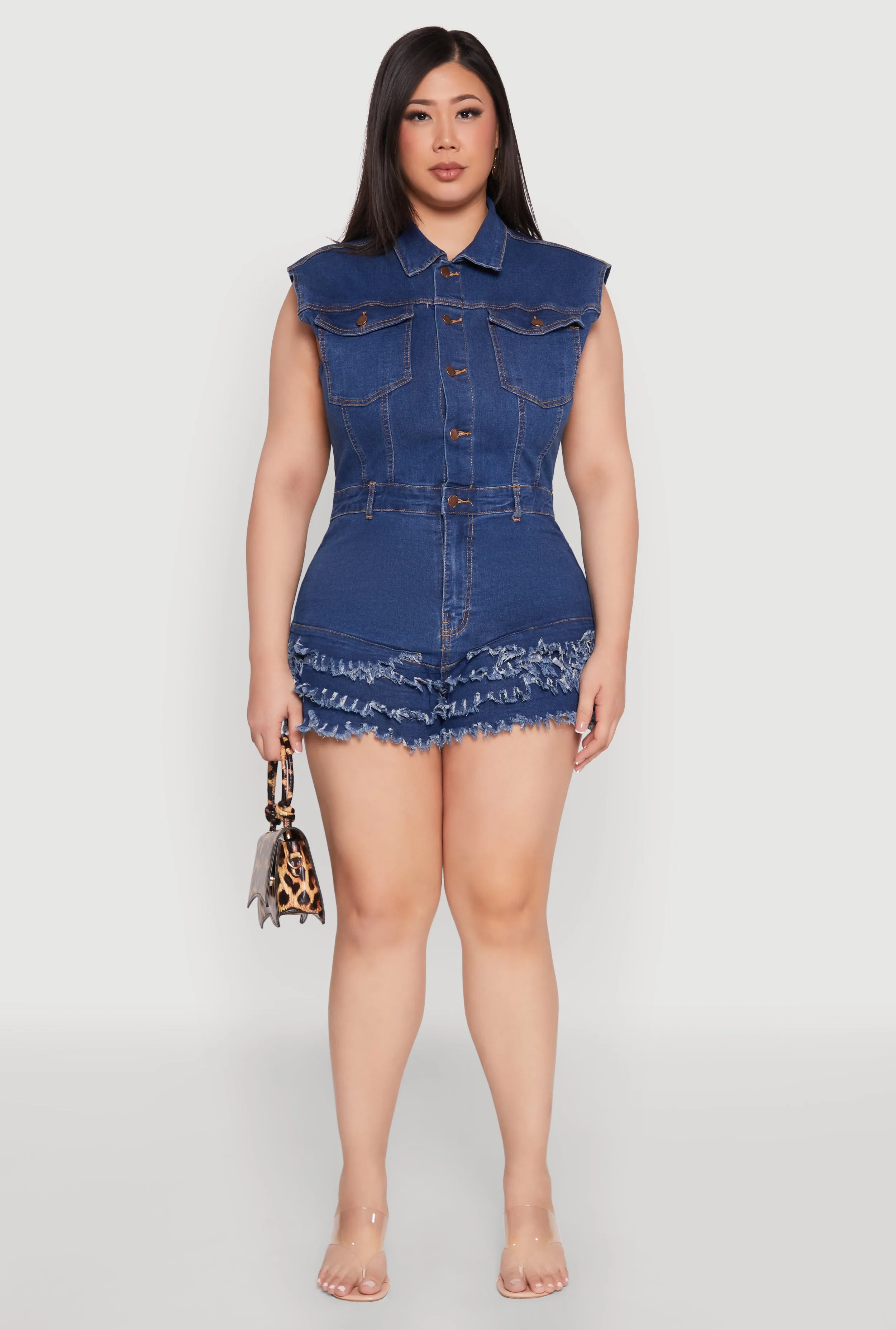 Plus Size Daisy Frayed Tiered Hem Denim Romper sold by Rainbow product image thumbnail 2