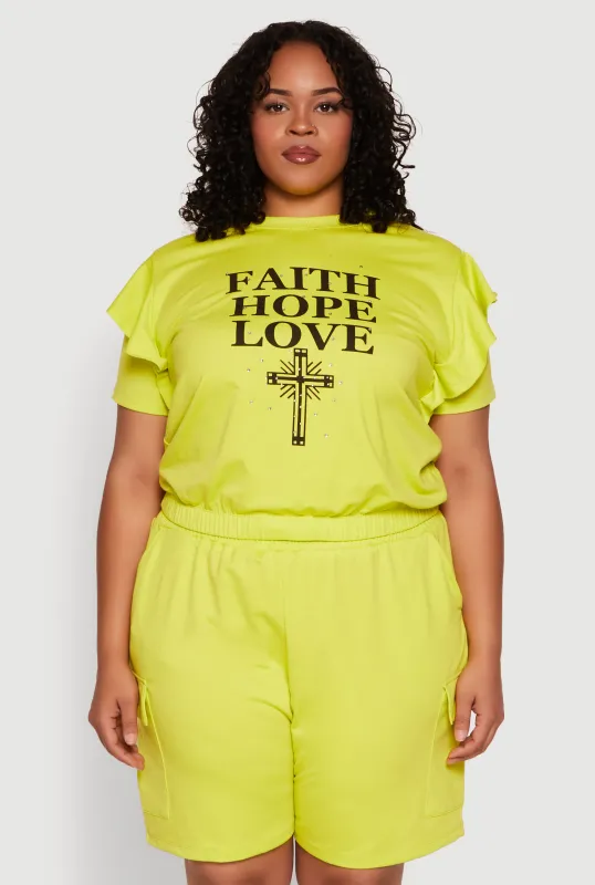 Plus Size Tiered Ruffle Sleeve Faith Hope Love Top sold by Rainbow