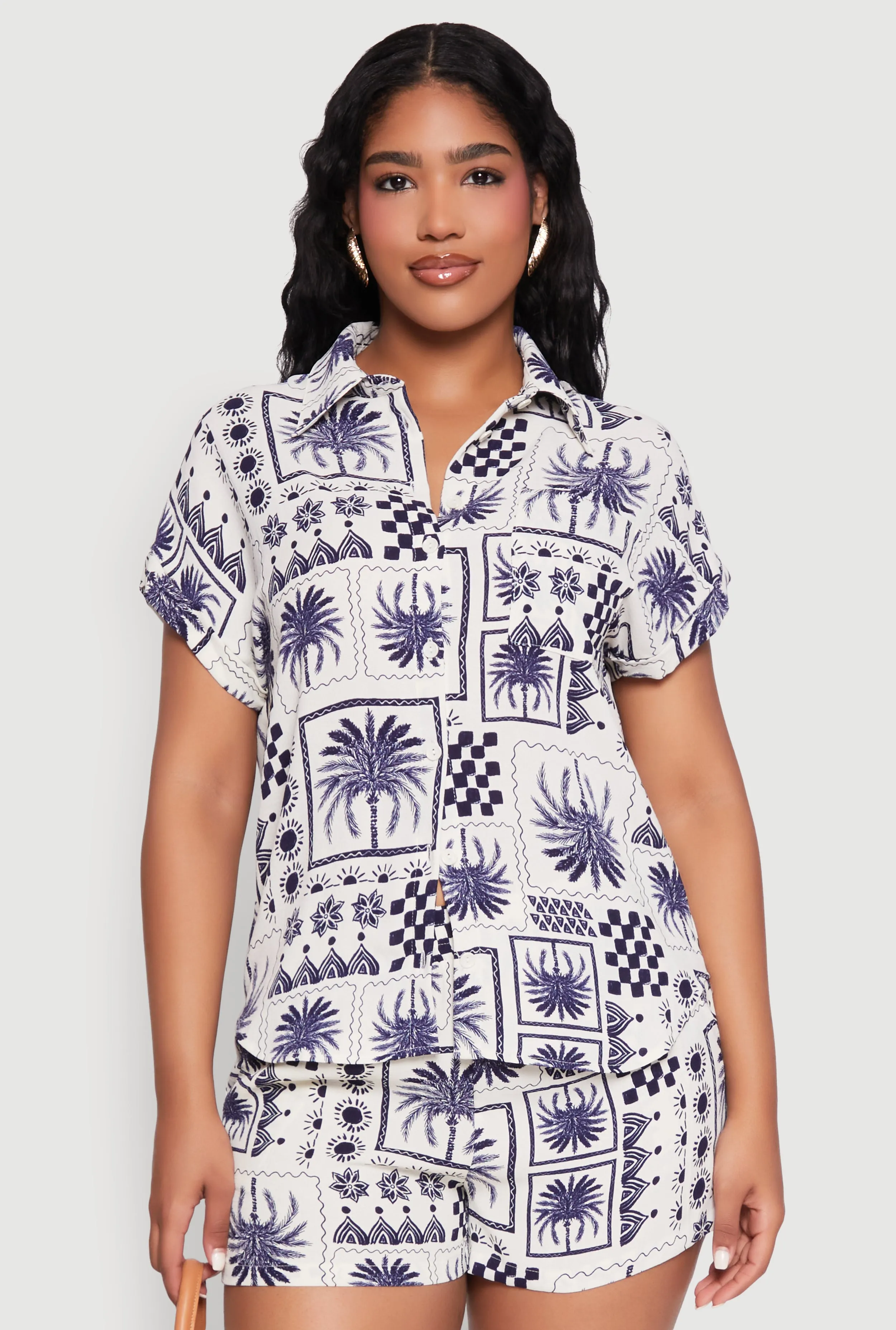 Palm Tree Print Fixed Cuff Shirt sold by Rainbow