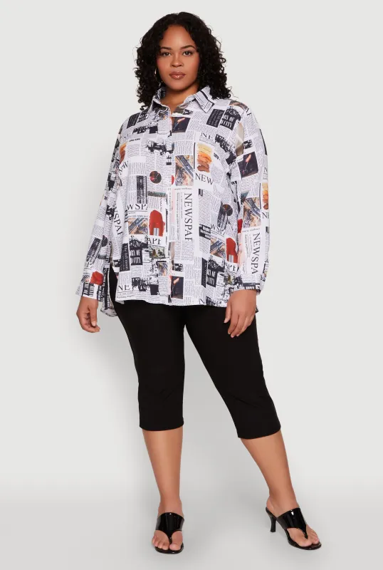 Plus Size Newspaper Print Button Front Shirt sold by Rainbow