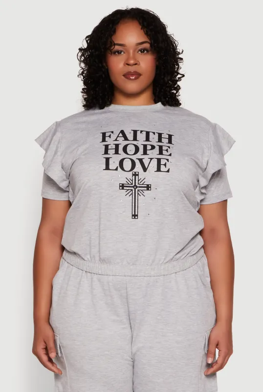 Plus Size Tiered Ruffle Sleeve Faith Hope Love Top sold by Rainbow