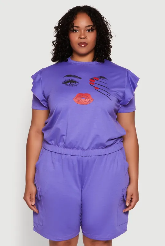 Plus Size Tiered Ruffle Sleeve Face Graphic Top sold by Rainbow