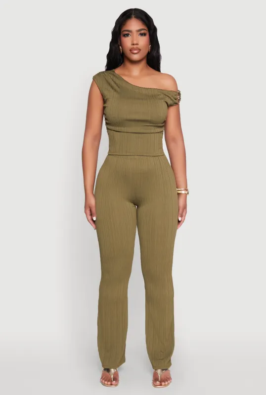 Textured Knit One Shoulder Crop Top sold by Rainbow