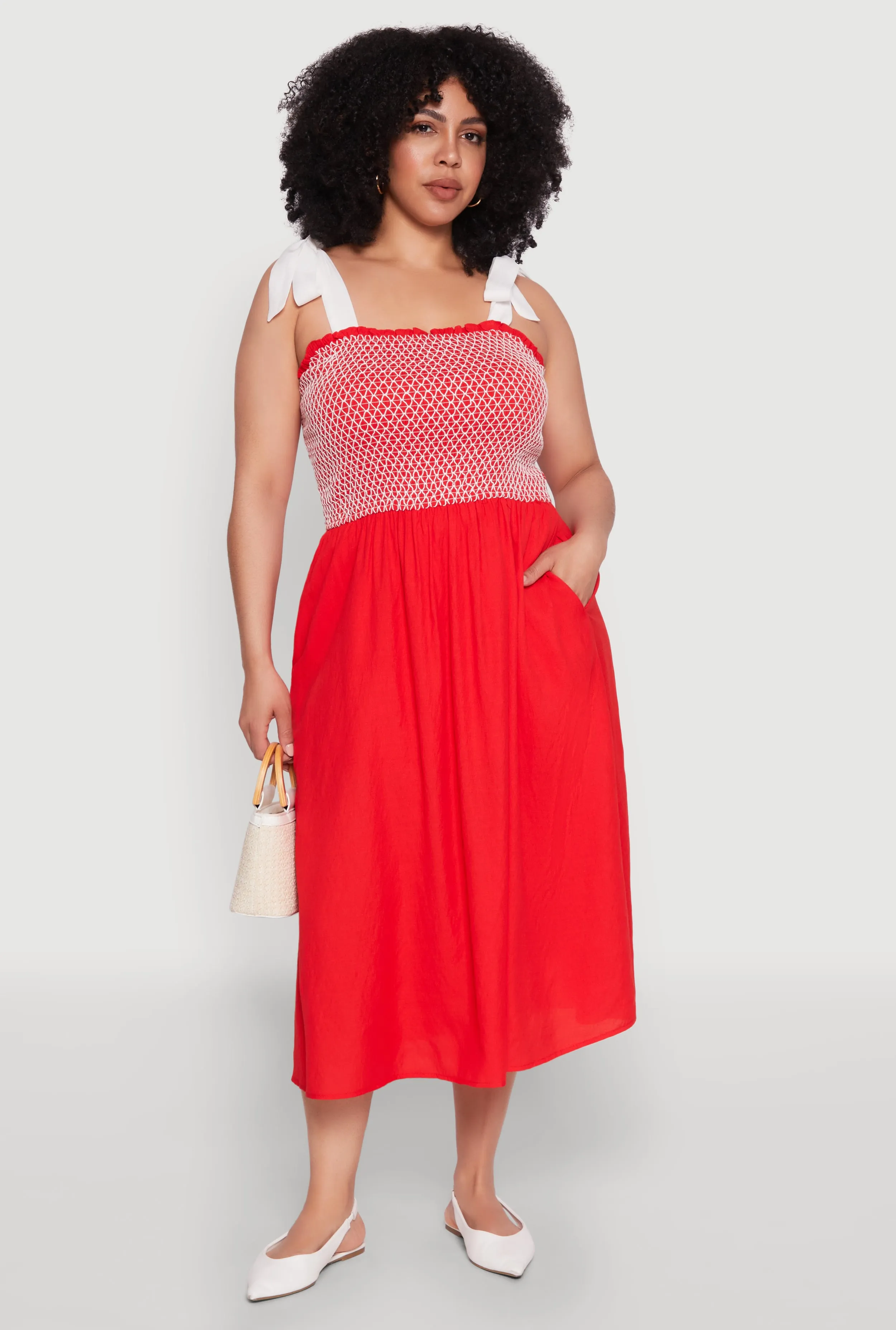 Plus Size Smocked Tie Shoulder Midi Dress sold by Rainbow