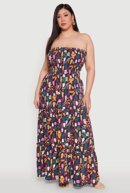 Plus Size House Plant Print Tiered Maxi Dress sold by Rainbow