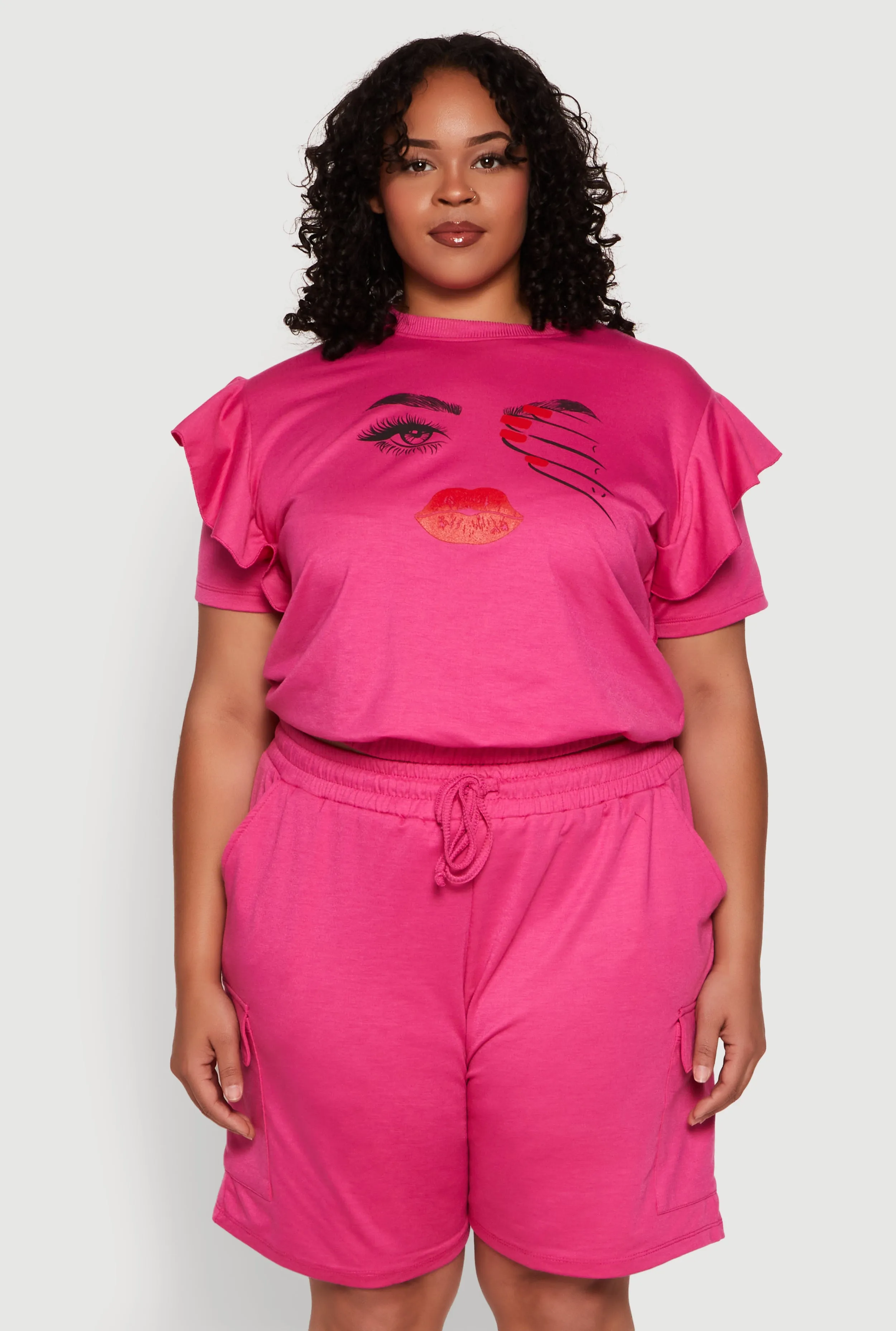 Plus Size Tiered Ruffle Sleeve Face Graphic Top sold by Rainbow