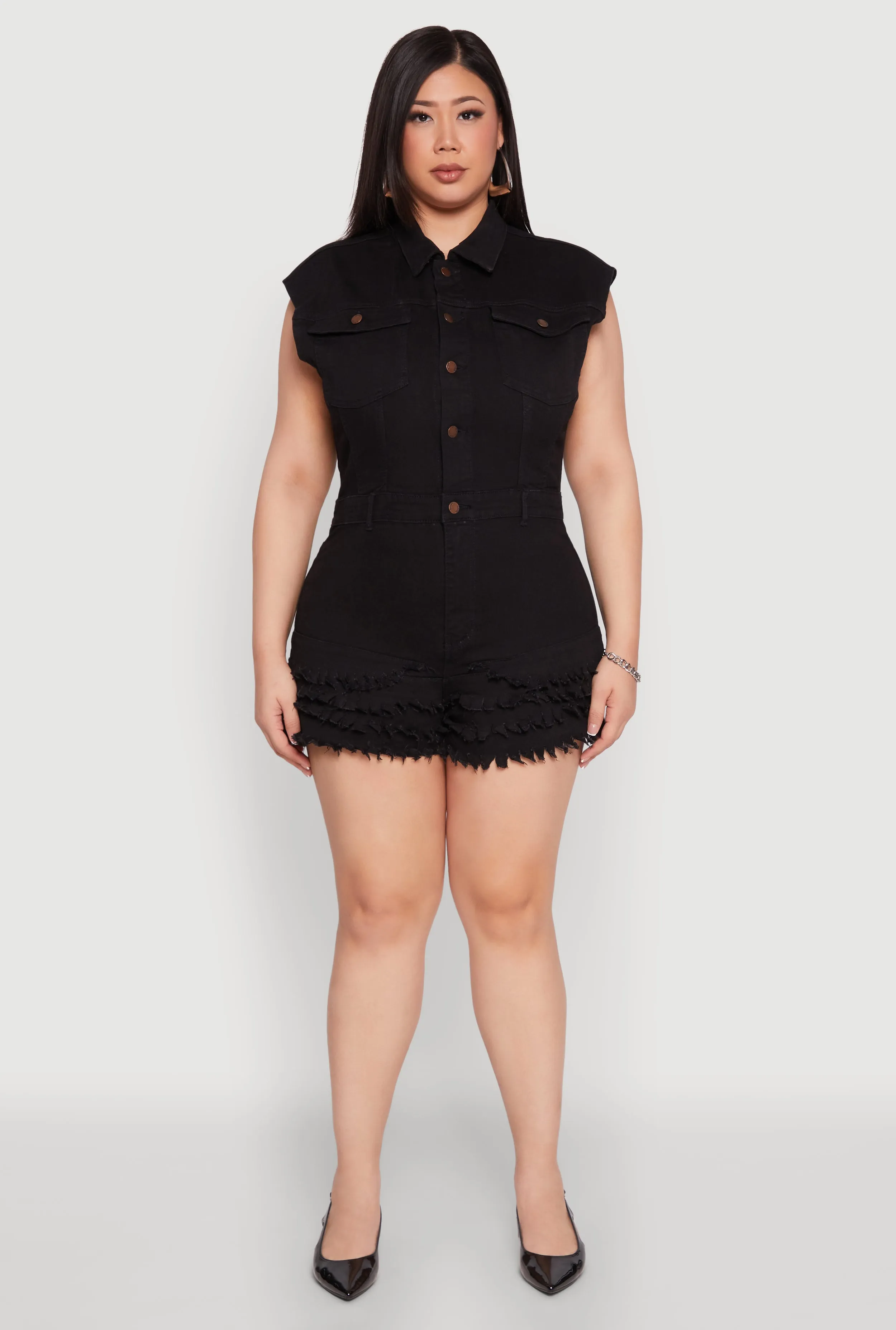 Plus Size Daisy Frayed Tiered Hem Denim Romper sold by Rainbow product image thumbnail 2