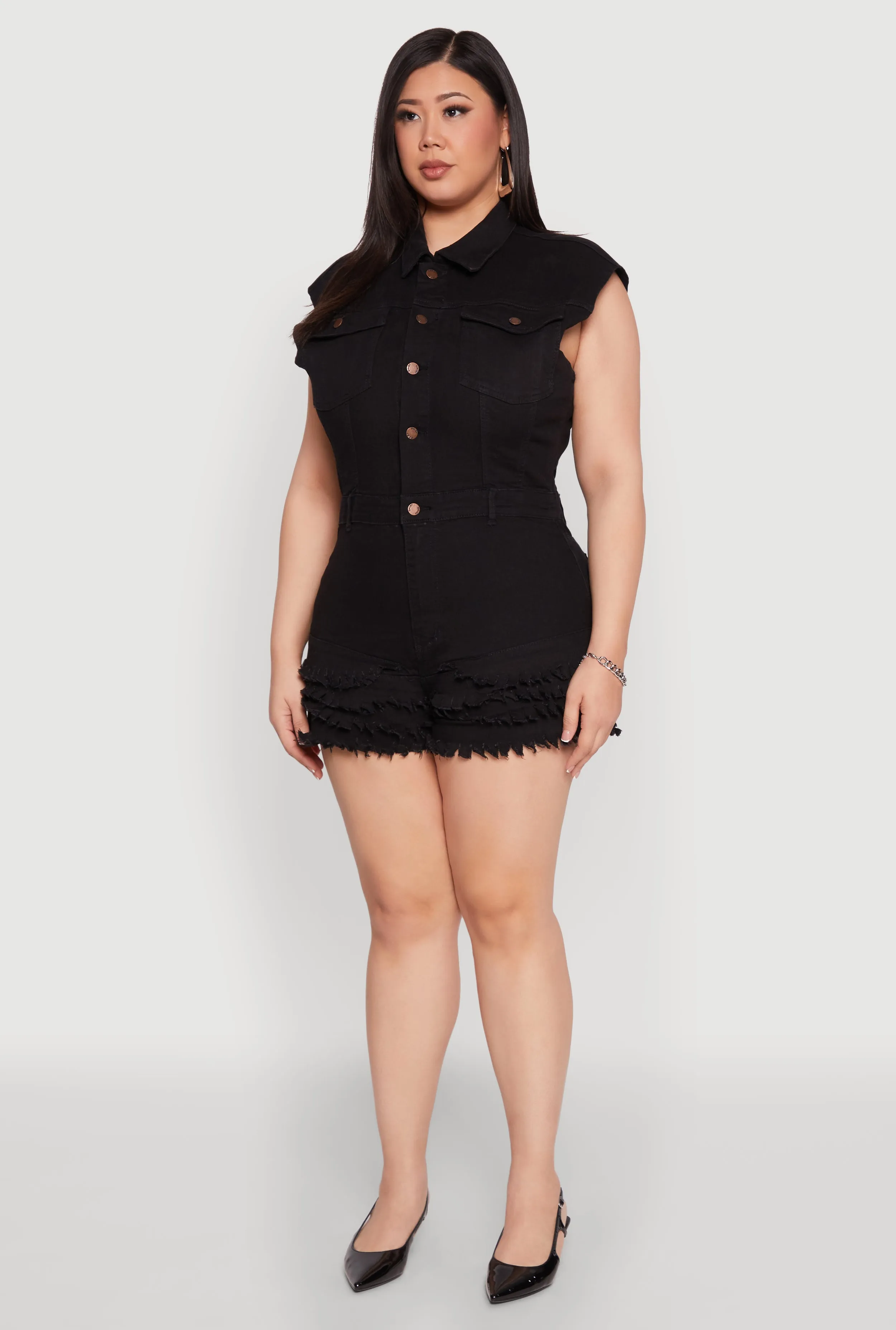 Plus Size Daisy Frayed Tiered Hem Denim Romper sold by Rainbow product image thumbnail 3