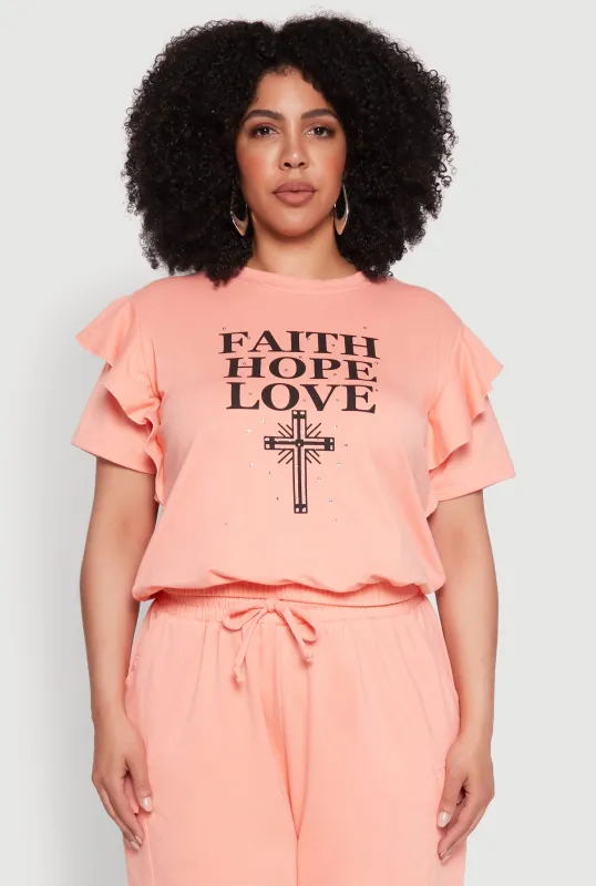 Plus Size Tiered Ruffle Sleeve Faith Hope Love Top sold by Rainbow