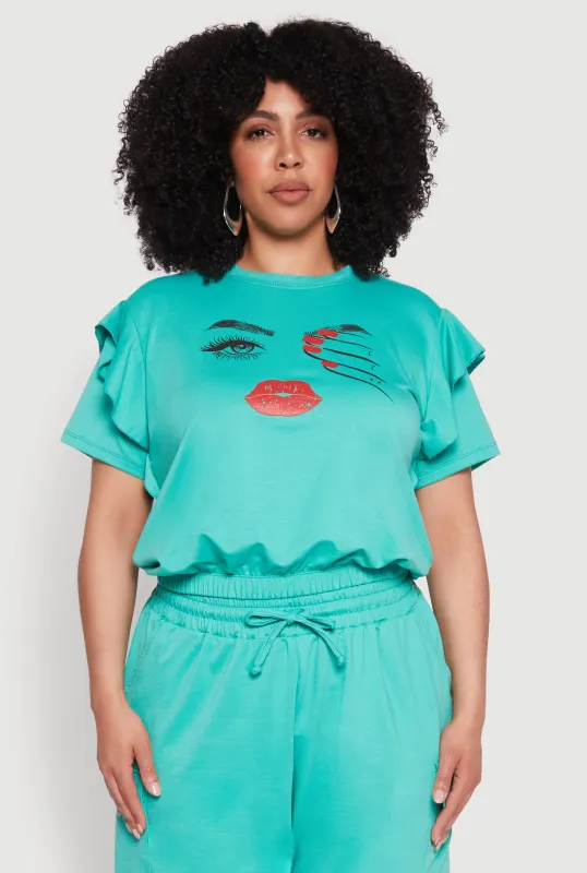 Plus Size Tiered Ruffle Sleeve Face Graphic Top sold by Rainbow