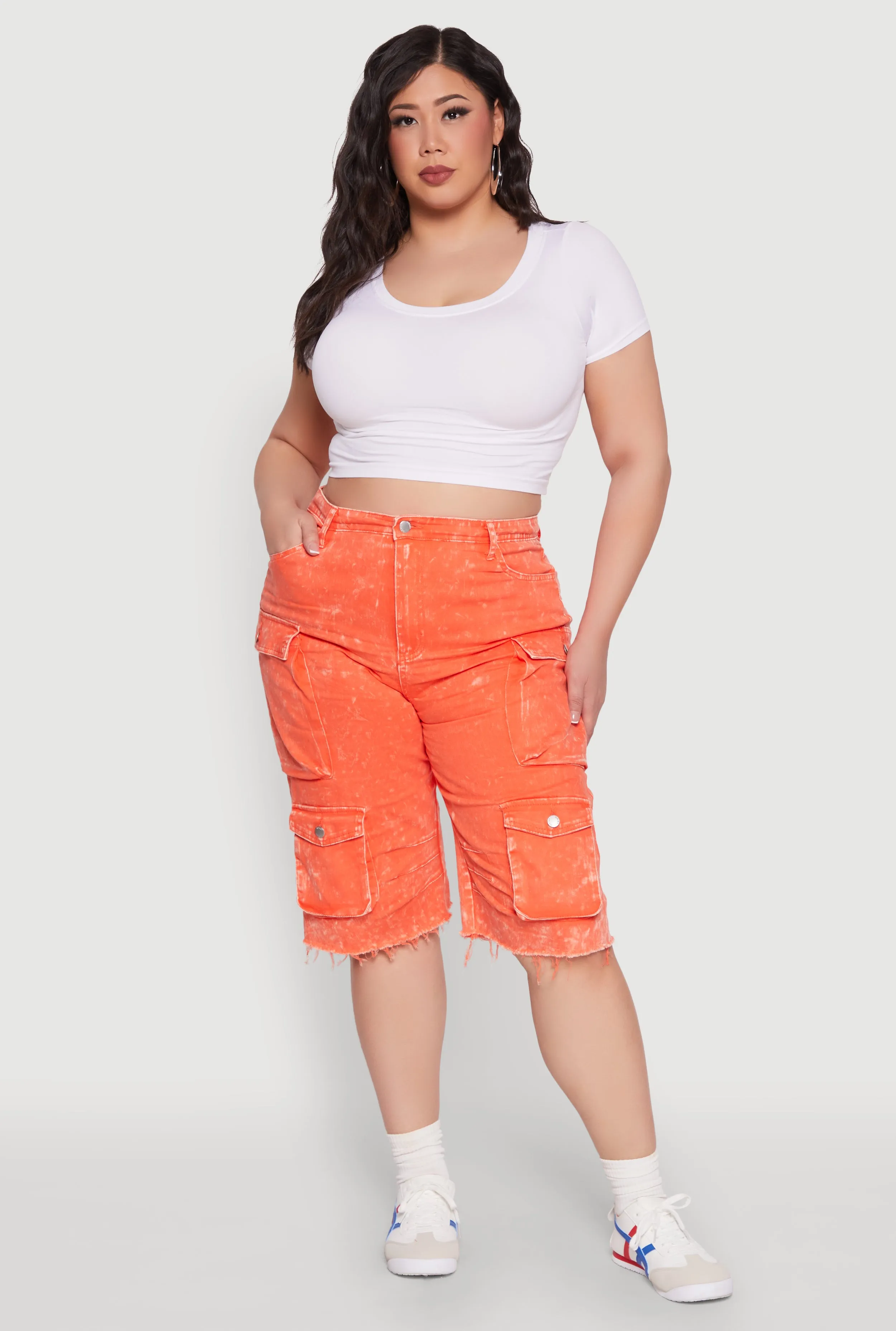 Plus Size Daisy Acid Wash Cargo Bermuda Shorts sold by Rainbow