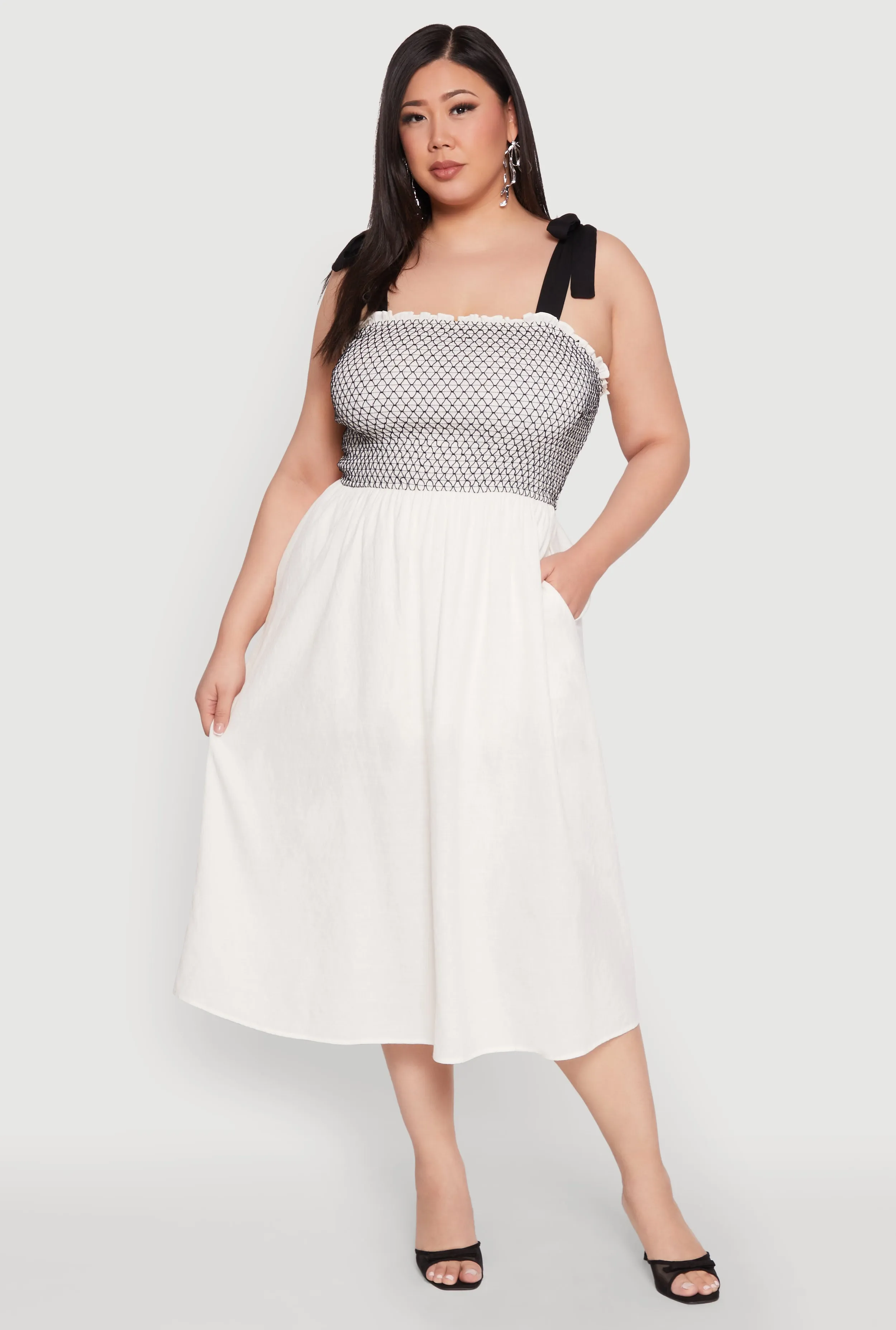 Plus Size Smocked Tie Shoulder Midi Dress sold by Rainbow