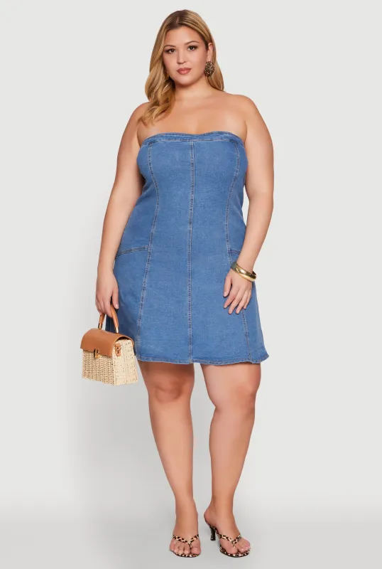 Plus Size Daisy Strapless Denim Skater Dress sold by Rainbow