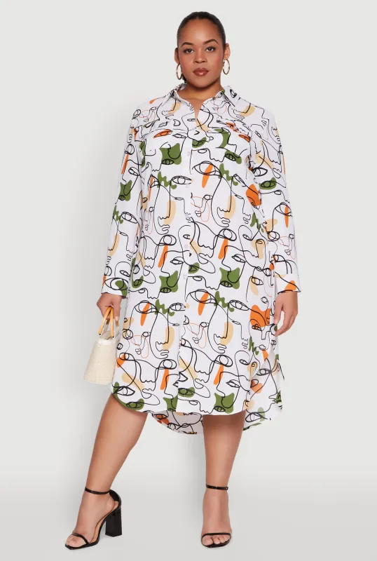 Plus Size Abstract Face Print Shirt Dress sold by Rainbow