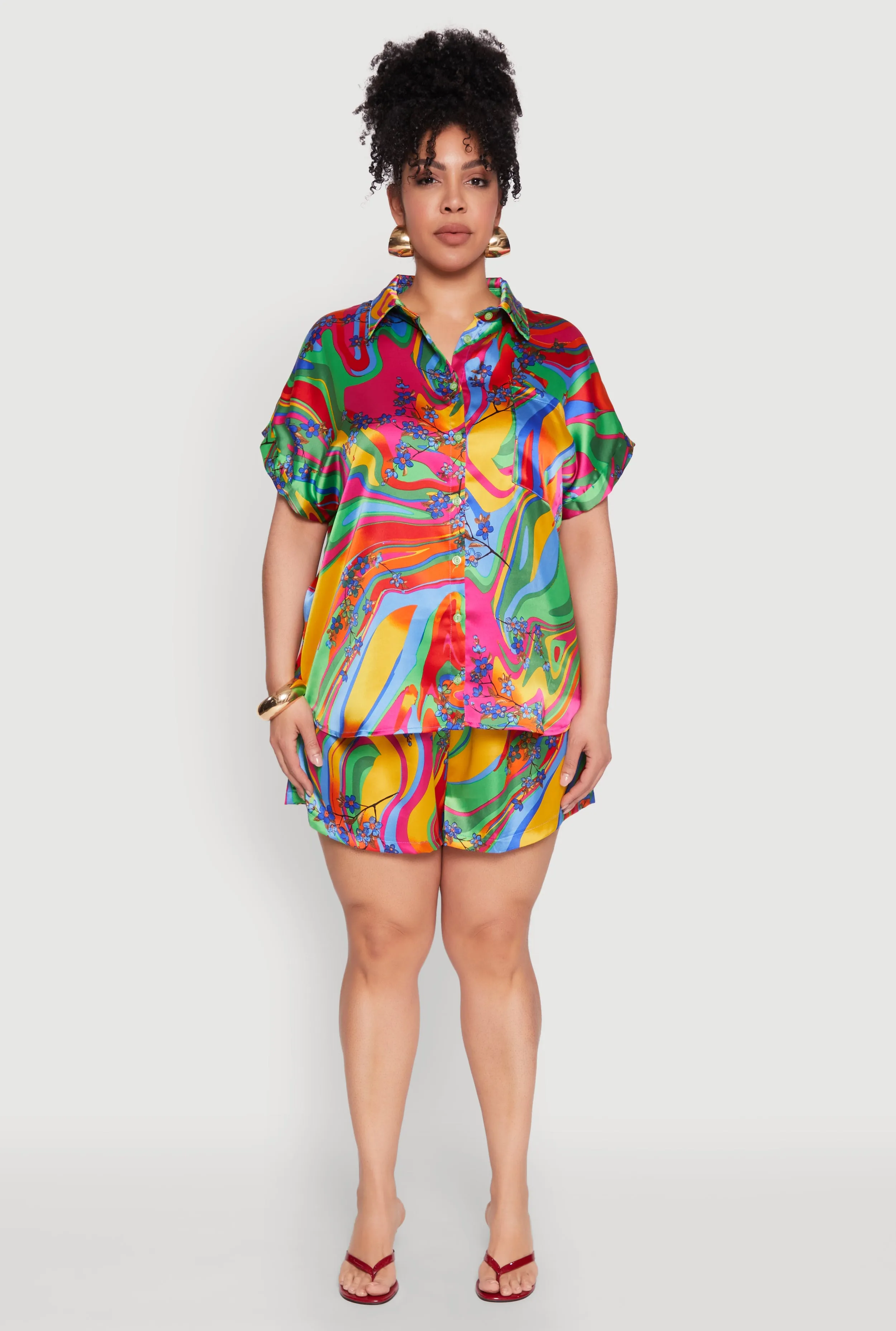 Plus Size Satin Psychedelic Floral Print Shirt sold by Rainbow product image thumbnail 3