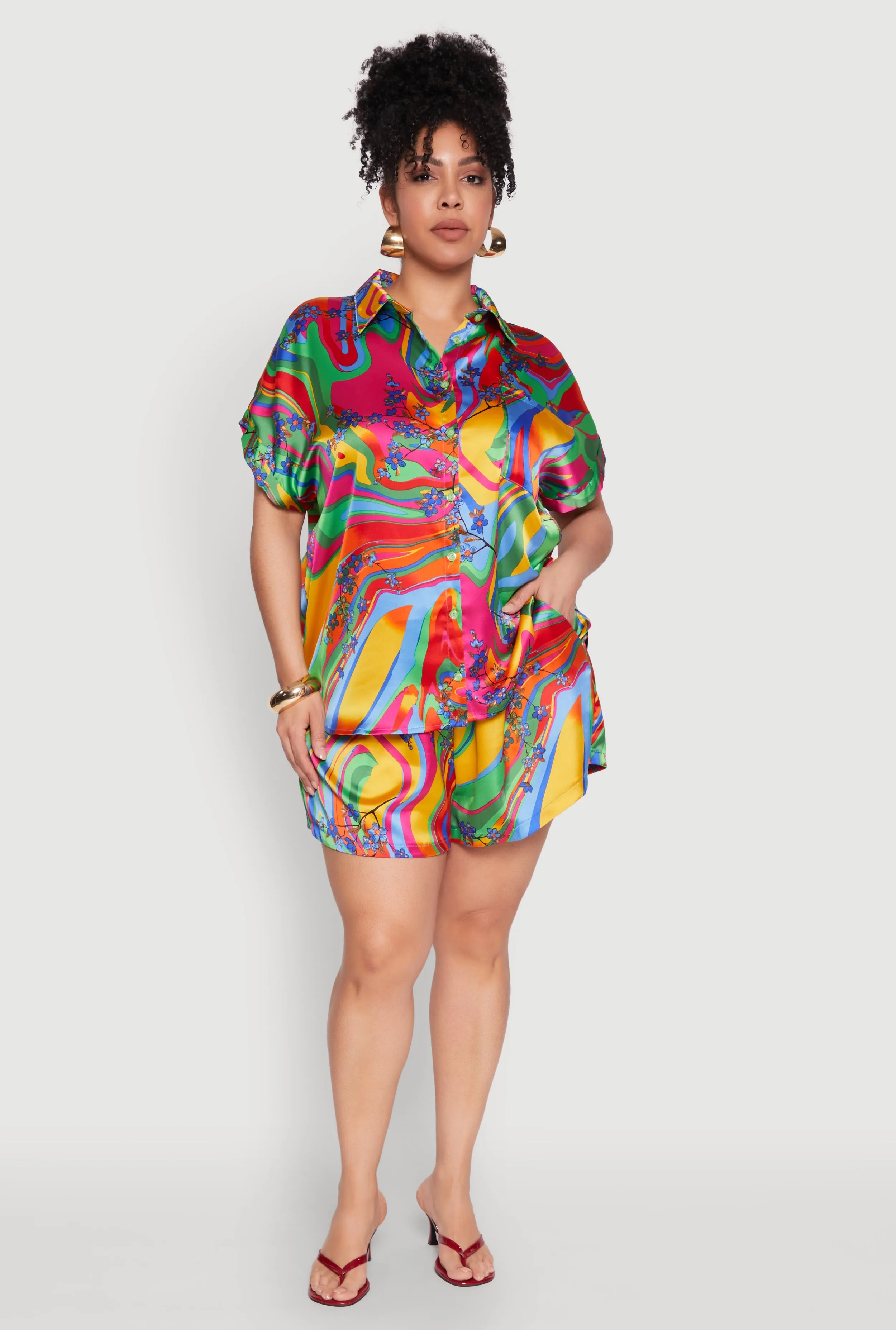 Plus Size Satin Psychedelic Floral Print Shirt sold by Rainbow product image thumbnail 2