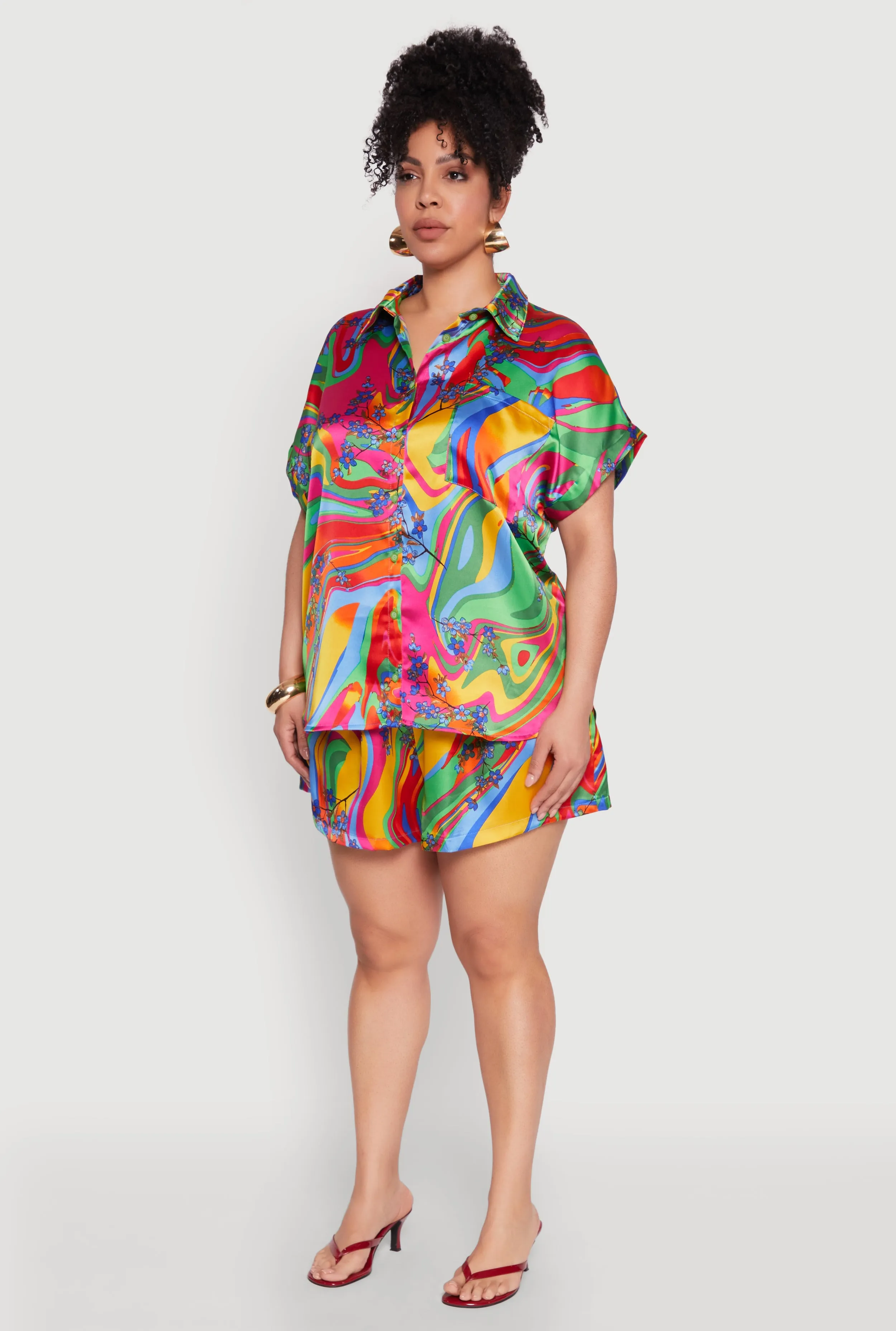 Plus Size Satin Psychedelic Floral Print Shirt sold by Rainbow product image thumbnail 5